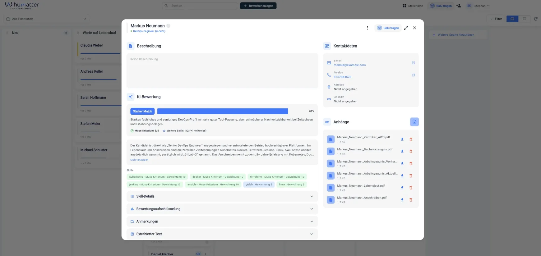 humatter Kandidatendetail mit KI-Bewertung