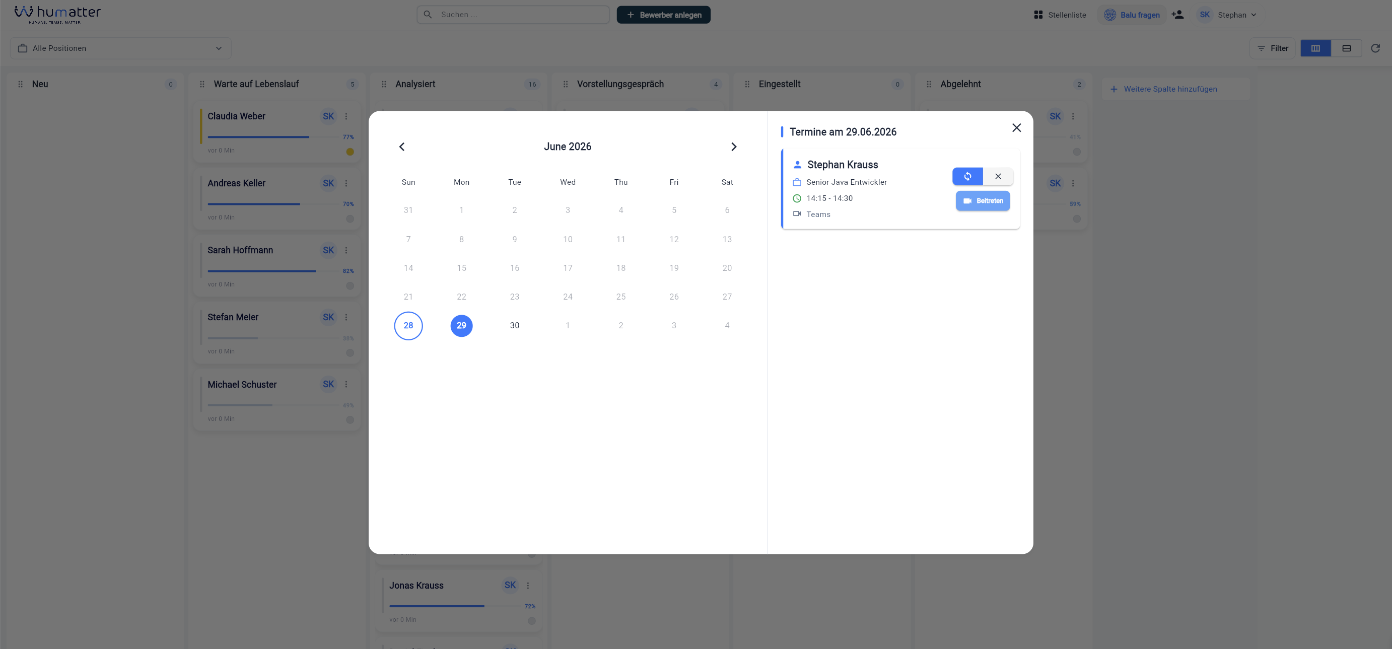 humatter Recruiter-Kalender mit Terminen