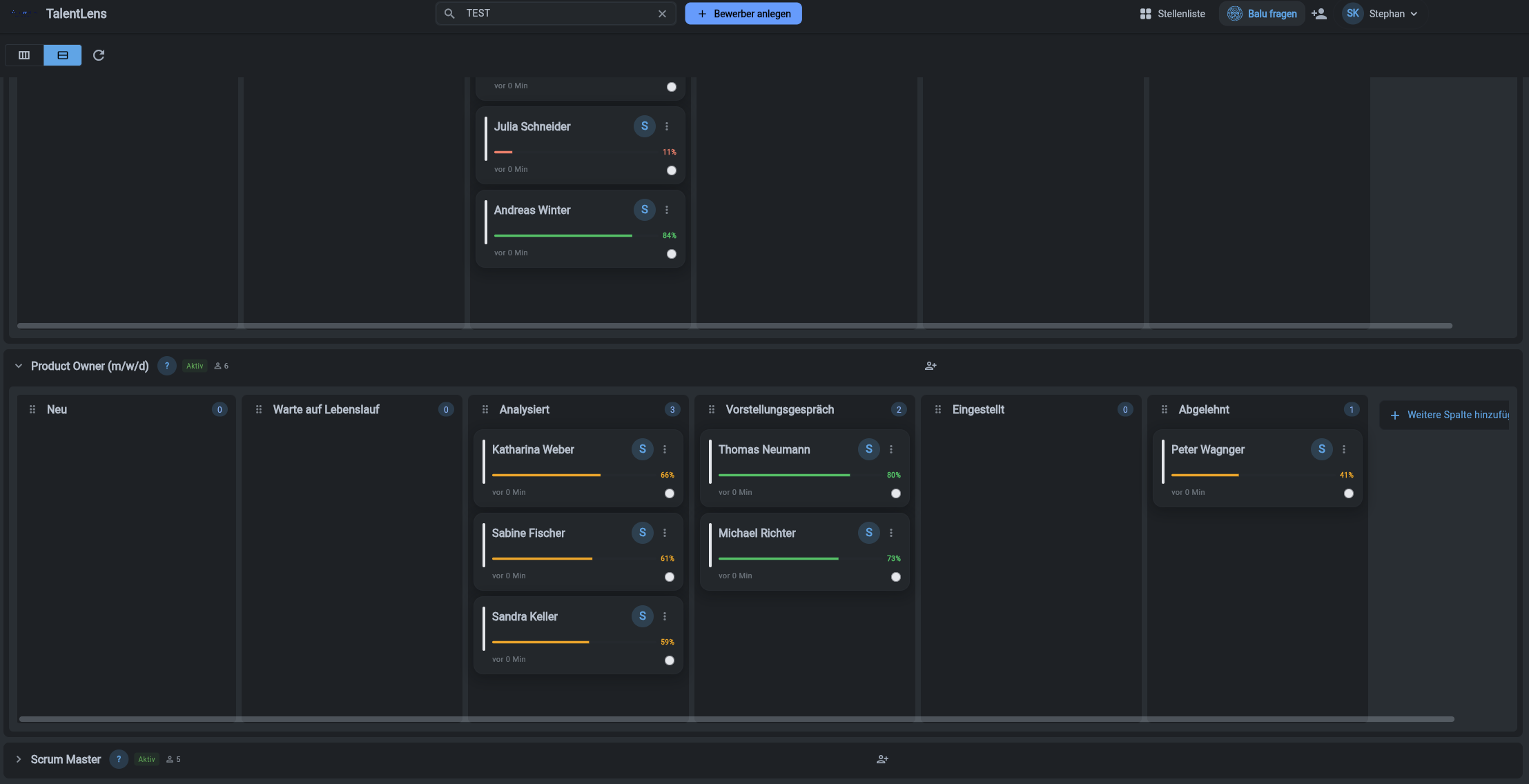 humatter Bewerber-Board im Dark Mode