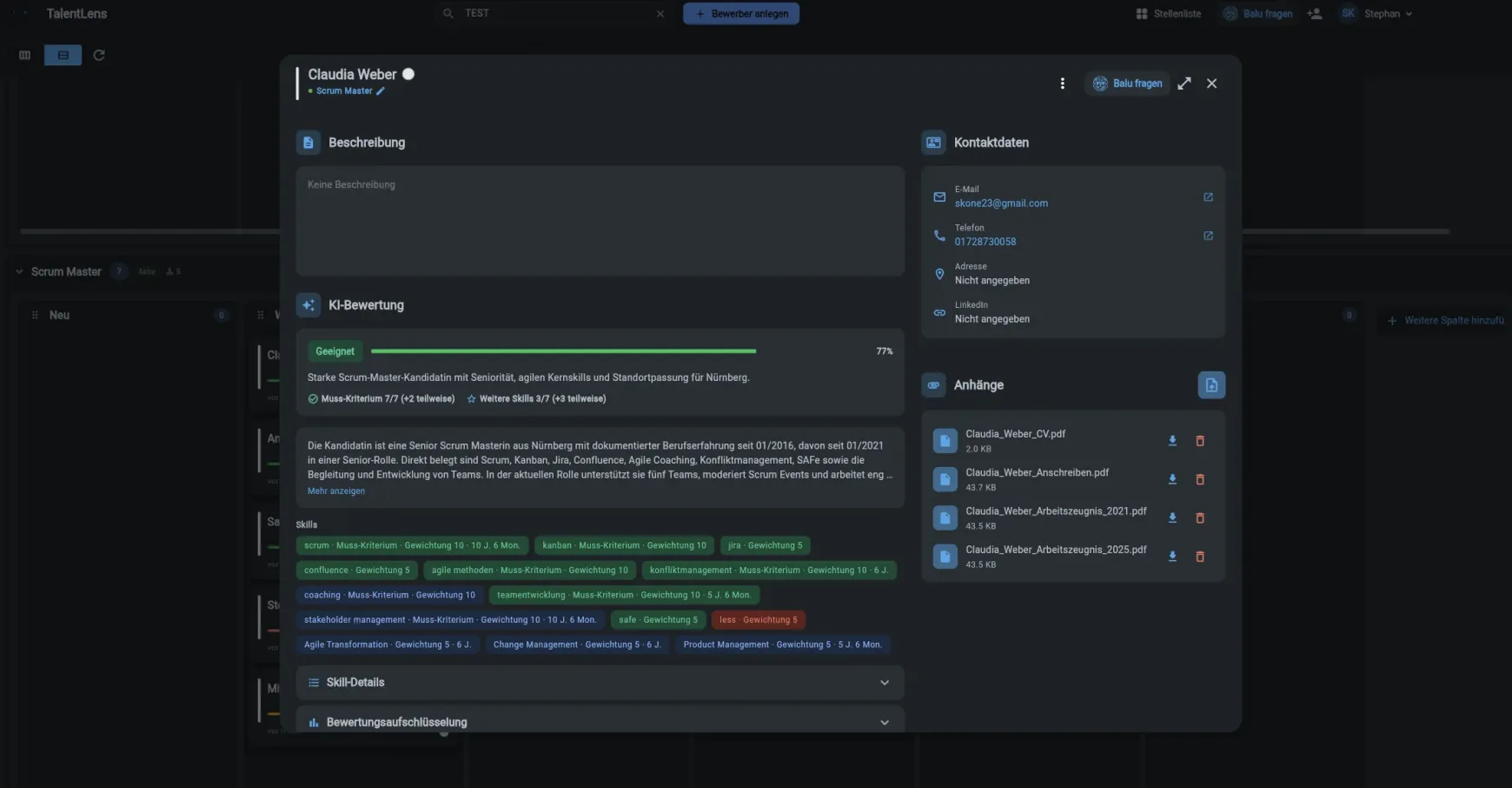 humatter Kandidatenprofil im Dark Mode